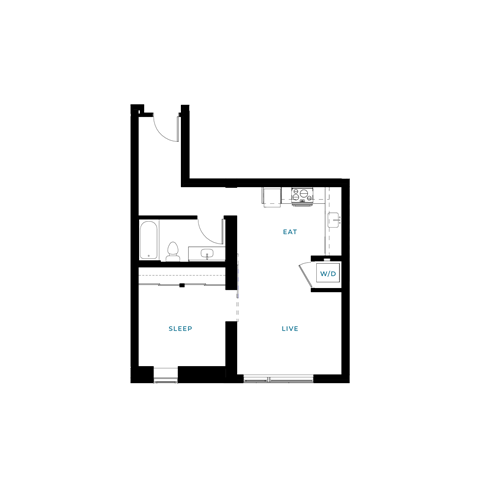 Floor plan for 1 bed, 1 bath, 637 sqft